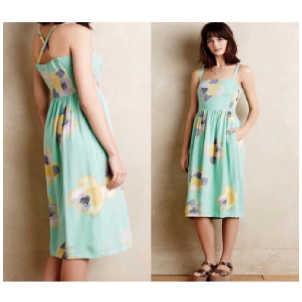 NWT ANTHROPOLOGIE PASTEL COTTON / LINEN SMOCKED MIDI FLORAL DROP WAIST SUN DRESS